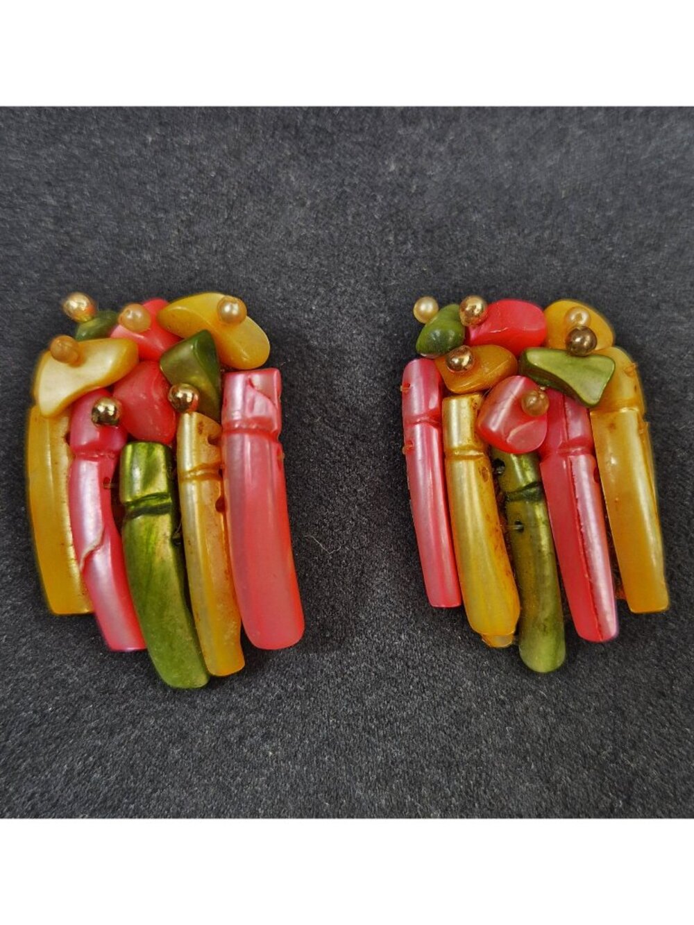 Vintage Japanese Lucite Multicolor Cluster Clip-On Earrings Gold-Tone Backing 1"
